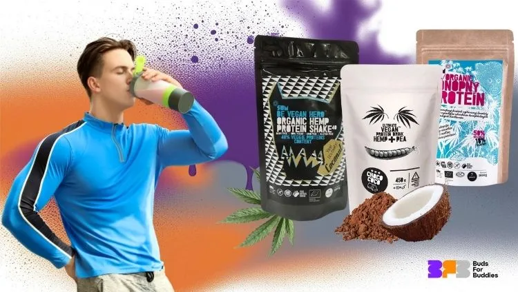Man drinking hemp protein, right SUM Hemp Protein Shake Be Vegan Hero Coconut, SUM ULTIMATE VEGAN Blend Hemp and Pea Protein Choco Coco, and SUM Organic Hemp Protein, bottom right BudsForBuddies logo