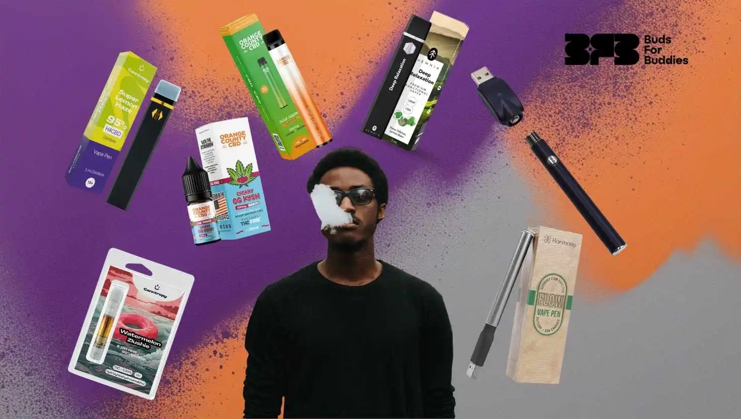 Liquid vaporizers, disposable vaporizers and vaping batteries, in the middle a man who vapes