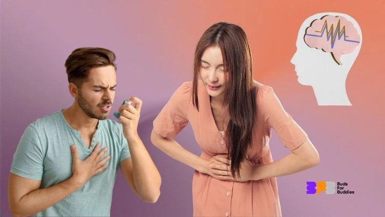 A man with asthma, a woman with stomach ache, an illustration of the brain on the right, the Buds For Buddies logo at the bottom right