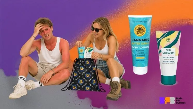 A young woman takes The Bulldog Palacio hemp after-sun lotion and Harmony Skin Meditation cooling gel with CBD out of her rucksack, whilst a man with sunburnt skin sits next to her after a day spent in the sun; the Buds For Buddies logo is at the bottom right