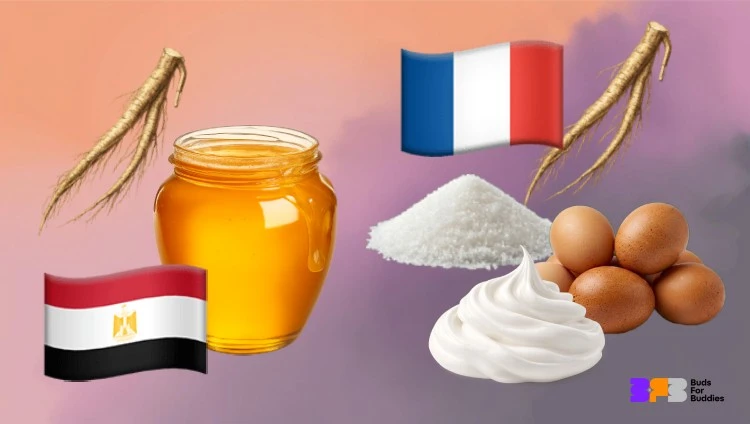 Egyptian flag: marshmallow root and honey, French flag: marshmallow root, sugar, whipped egg white, eggs.