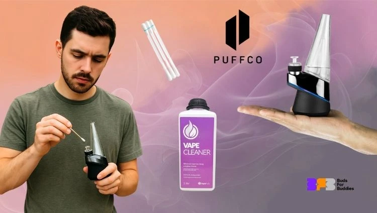 Man cleaning a Puffco Peak vaporiser, next to him cotton buds, organic vaporiser cleaner, Puffco logo and Puffco Peak on his hand