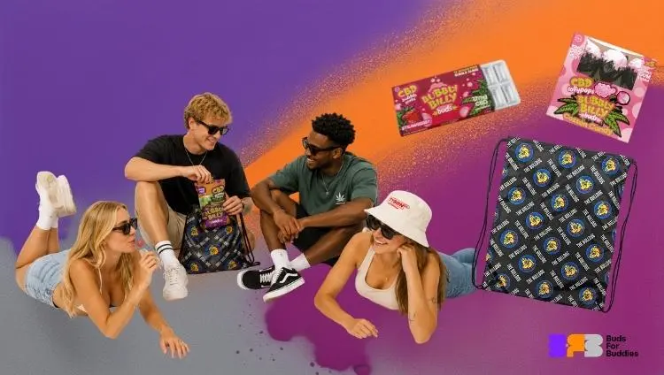A group of young friends relaxing on a summer’s day; a man pulls CBD sweets from Multitrance out of his The Bulldog String rucksack, including chewing gum, lollipops and gummy bears; the Buds For Buddies logo is visible bottom right