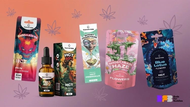 Selection of Canntropy HCT products including flowers, preroll, oil and pen + cartridge, with the Buds for Buddies logo in the bottom right corner